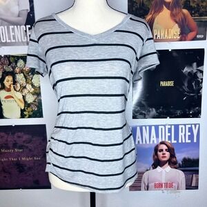 2000s grey + black striped v-neck top.